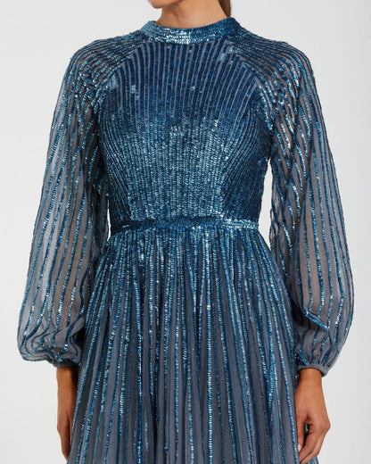 Blue Ombré Sequin Long Sleeve A-Line Gown