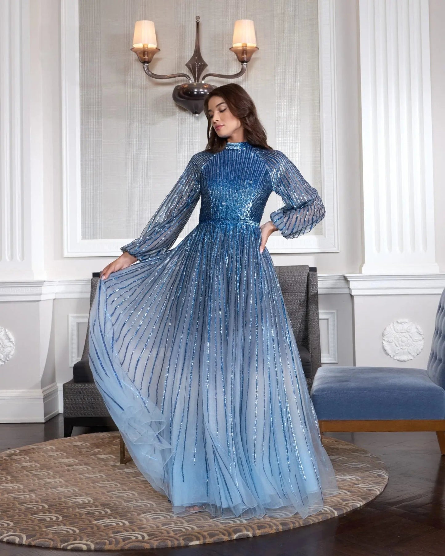 Blue Ombré Sequin Long Sleeve A-Line Gown
