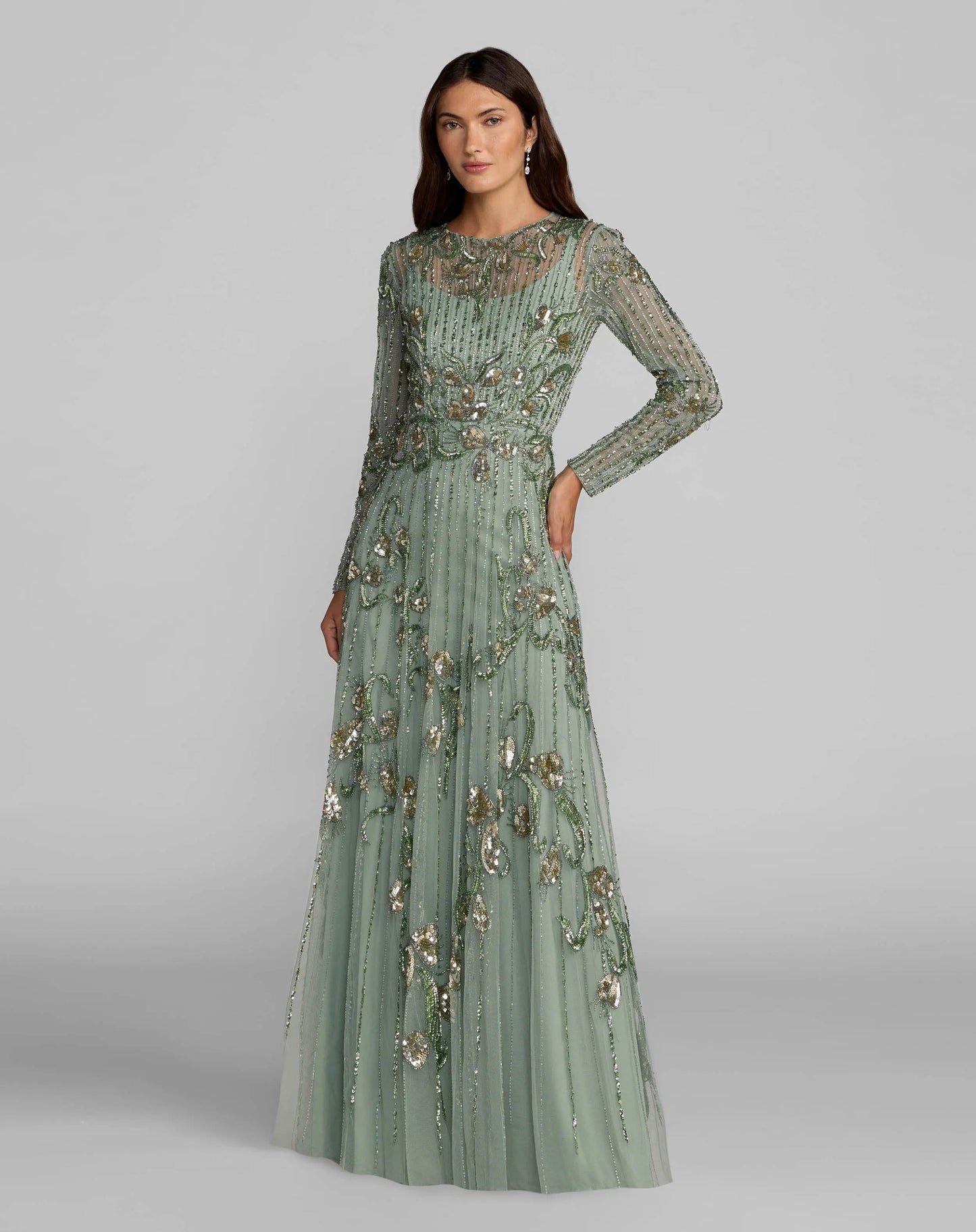 Green Beaded Long Sleeve A Line Gown