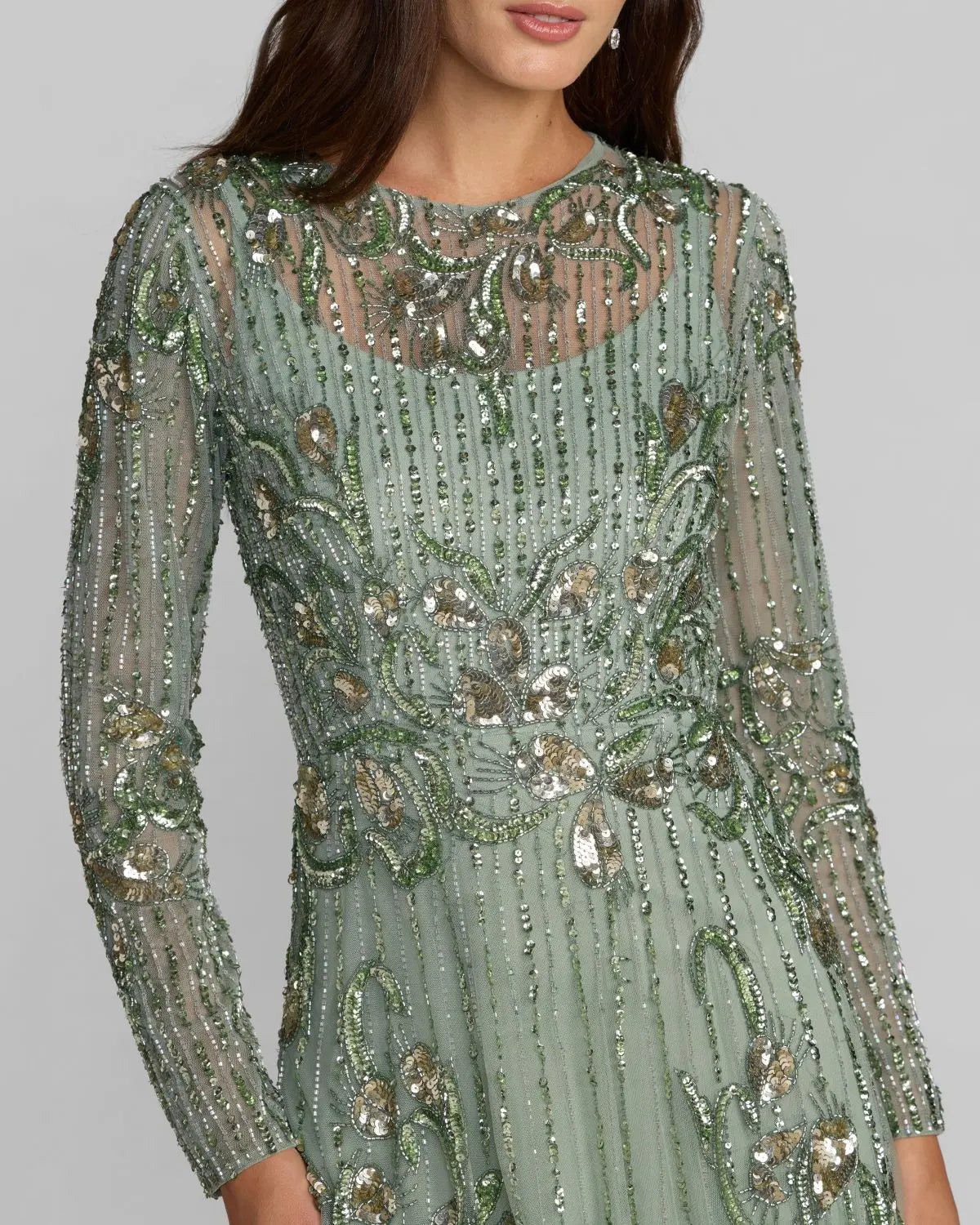 Green Beaded Long Sleeve A Line Gown