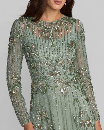 Green Beaded Long Sleeve A Line Gown