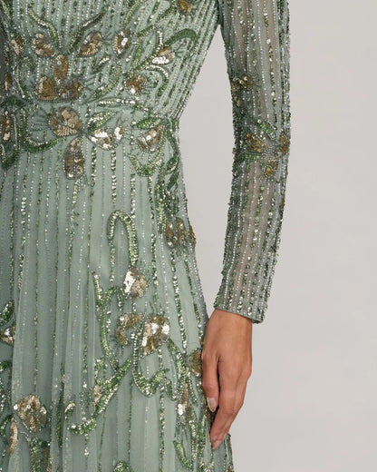 Green Beaded Long Sleeve A Line Gown