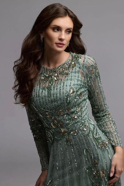 Green Beaded Long Sleeve A Line Gown