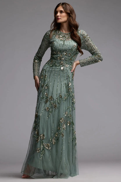 Green Beaded Long Sleeve A Line Gown
