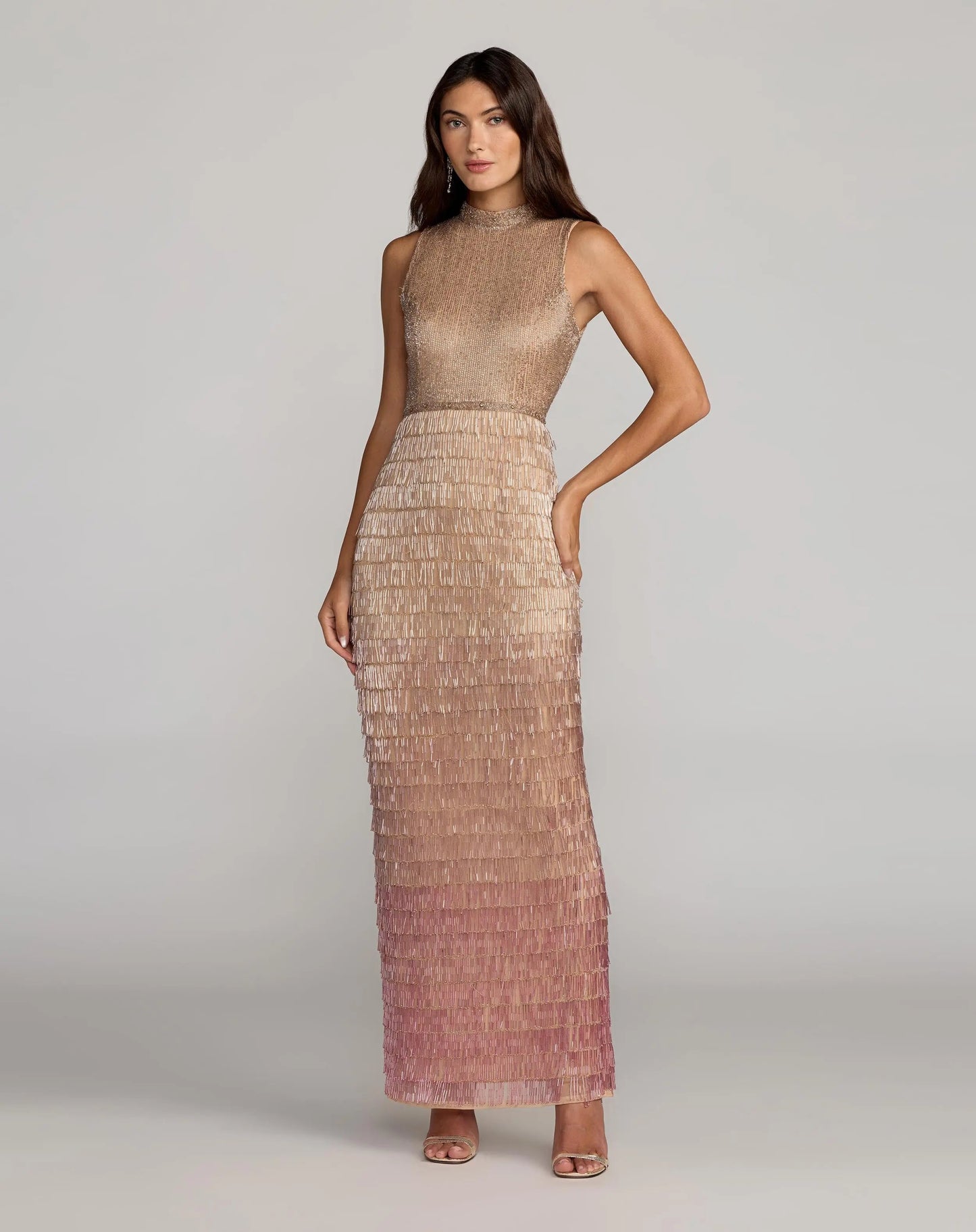 Beige Mock Neck Sleeveless Beaded Fringe Gown