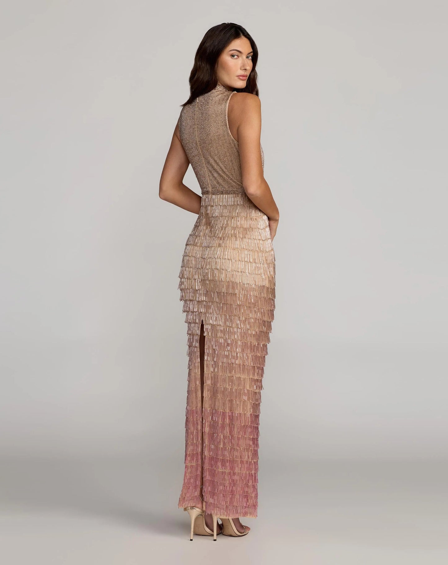 Beige Mock Neck Sleeveless Beaded Fringe Gown