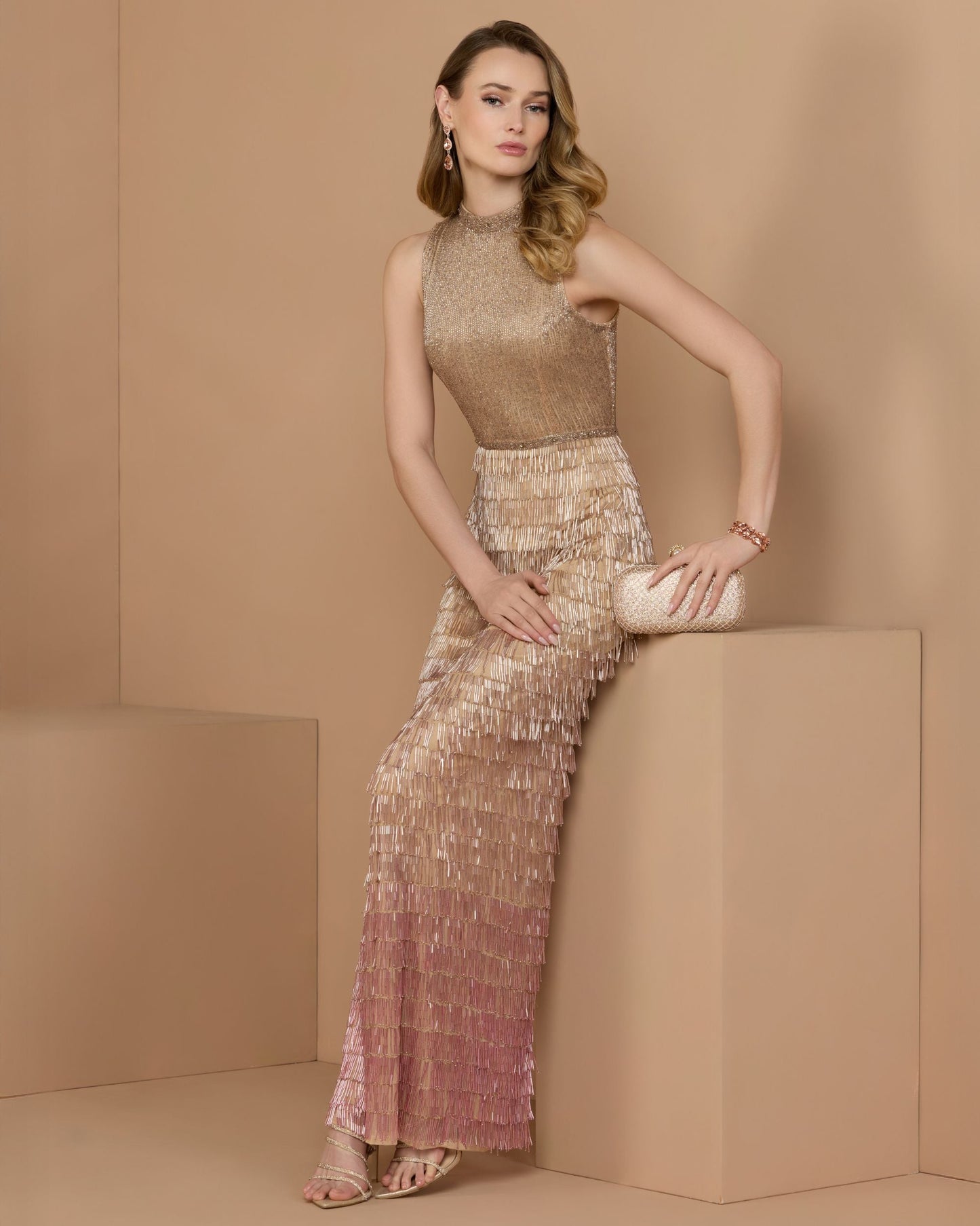 Beige Mock Neck Sleeveless Beaded Fringe Gown