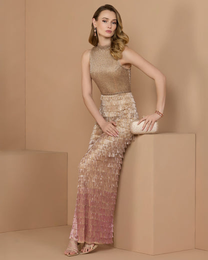 Beige Mock Neck Sleeveless Beaded Fringe Gown