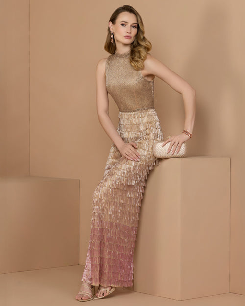 Beige Mock Neck Sleeveless Beaded Fringe Gown