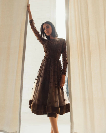 Embellished Illusion High Neck Long Sleeve Fit & Flare Dress