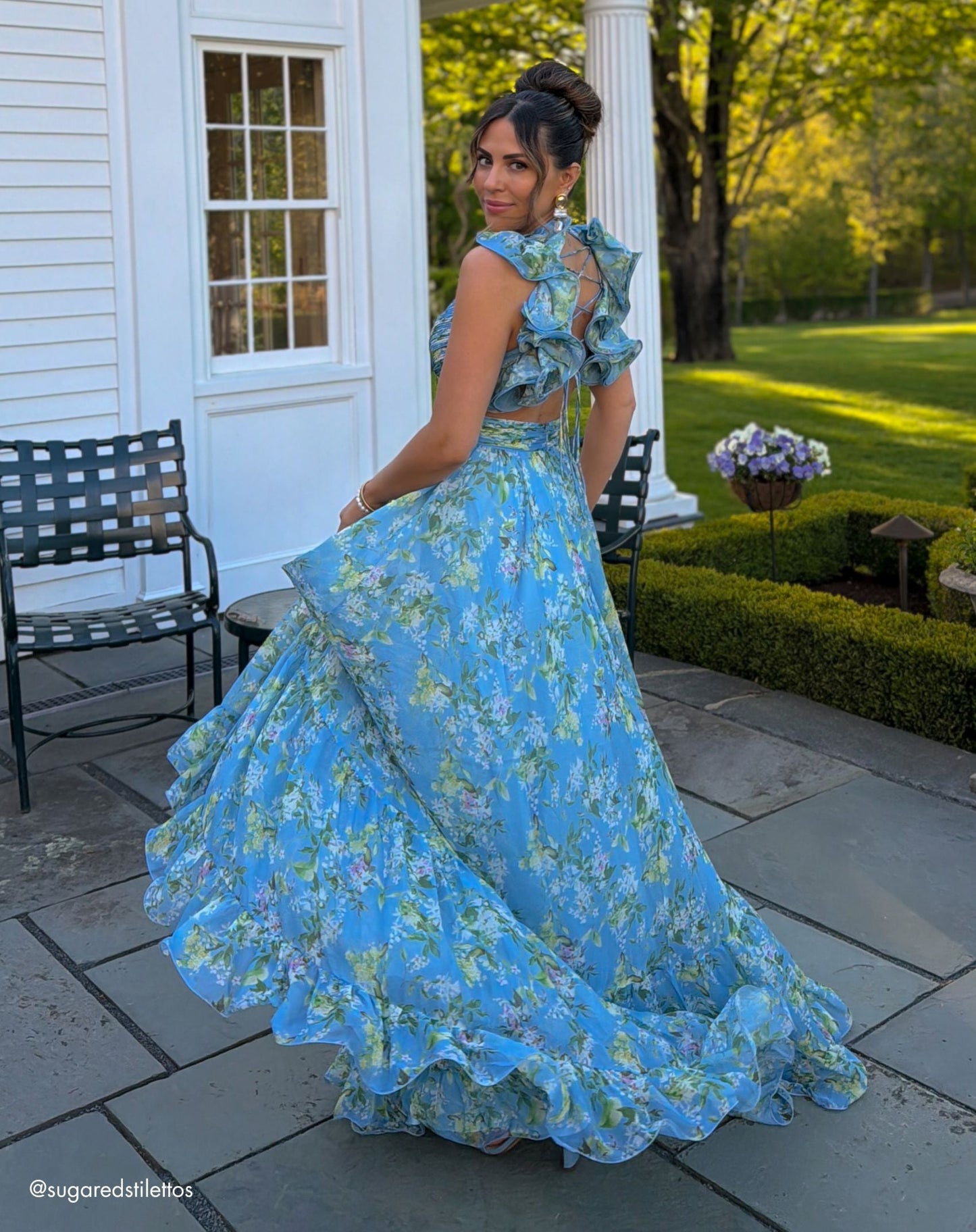 Blue Ruffle Tiered Floral Cut-Out Chiffon Gown