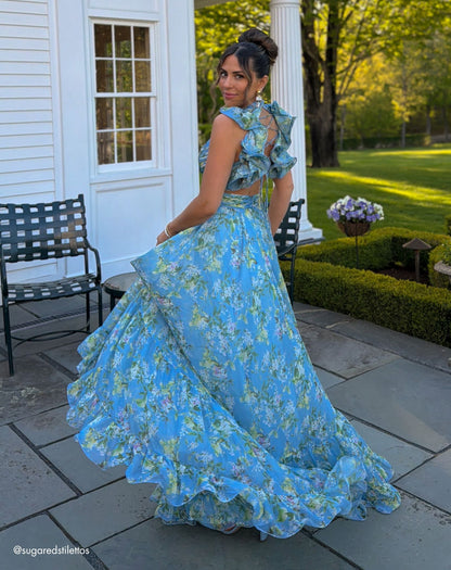 Blue Ruffle Tiered Floral Cut-Out Chiffon Gown