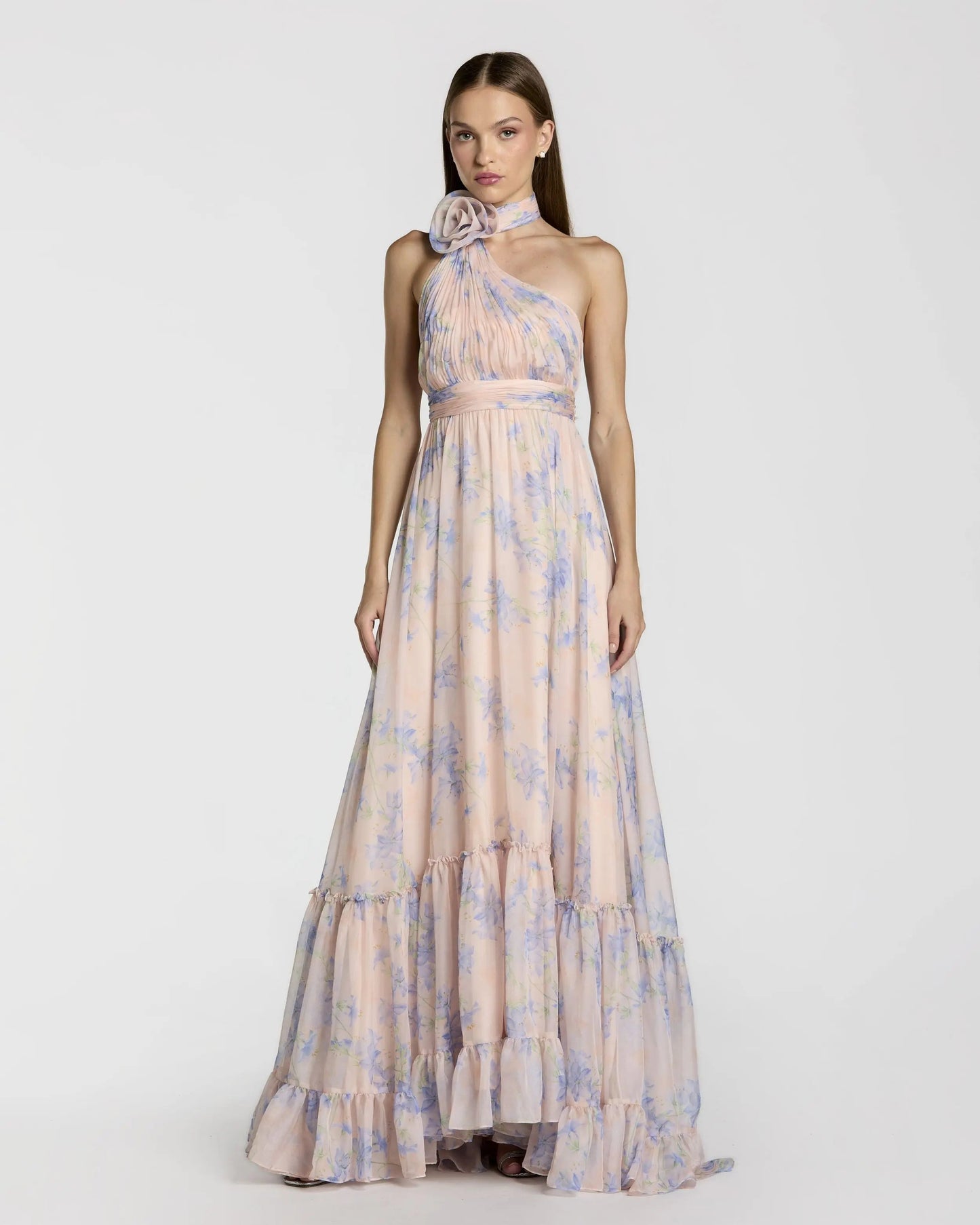 Asymmetrical Ruffled Halter Floral Gown
