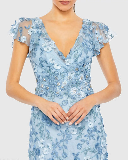 Blue Embroidered Applique Wrap Over Flutter Sleeve Gown