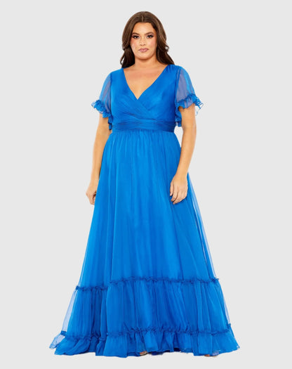 Blue Chiffon Flutter Sleeve A-line Dress (Plus) - FINAL SALE