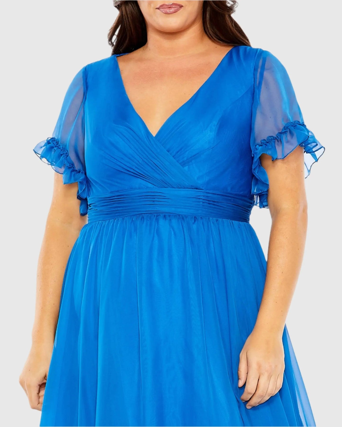 Blue Chiffon Flutter Sleeve A-line Dress (Plus) - FINAL SALE