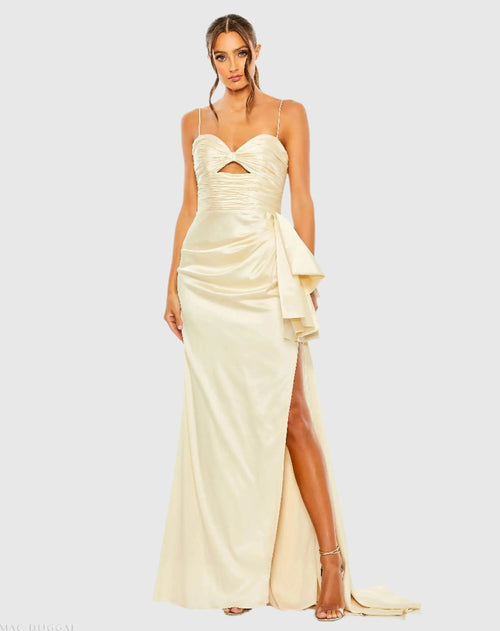 Beige Spaghetti Strap Cut Out Side Bow Gown - FINAL SALE