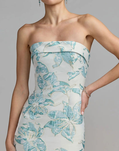 Blue and White Strapless Brocade Sheath Midi Dress