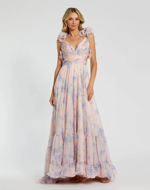 Light Pink Ruffle Tiered Cut-Out Chiffon Floral Gown