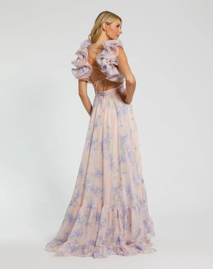 Light Pink Ruffle Tiered Cut-Out Chiffon Floral Gown