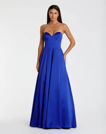 Blue Satin Strapless Ballgown With Bow Details