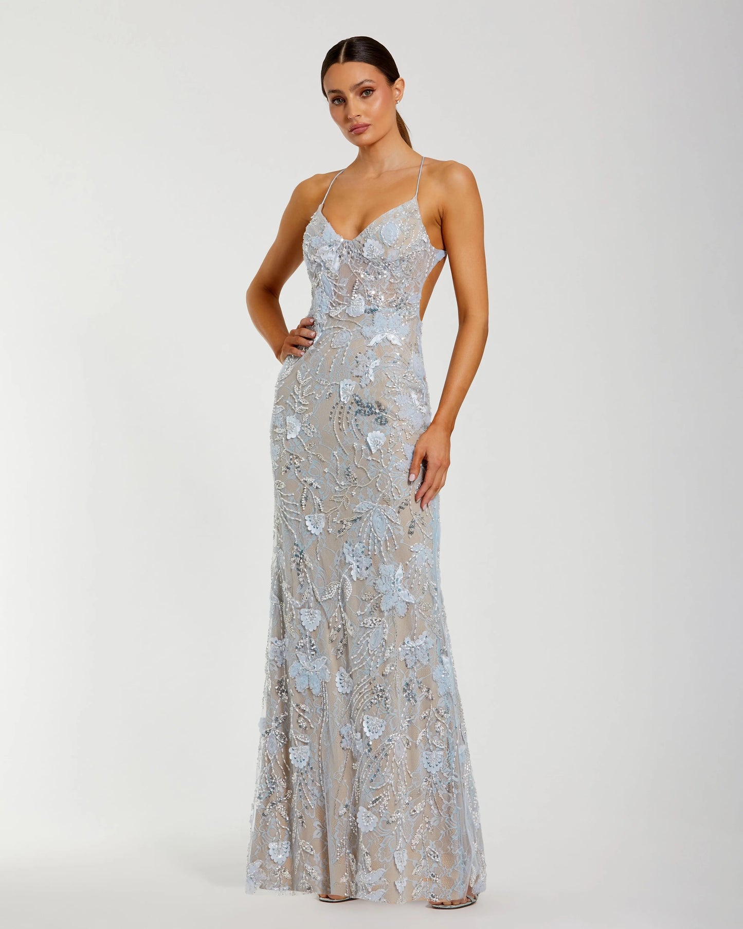 Blue Sleeveless Embellished Open Back Column Gown