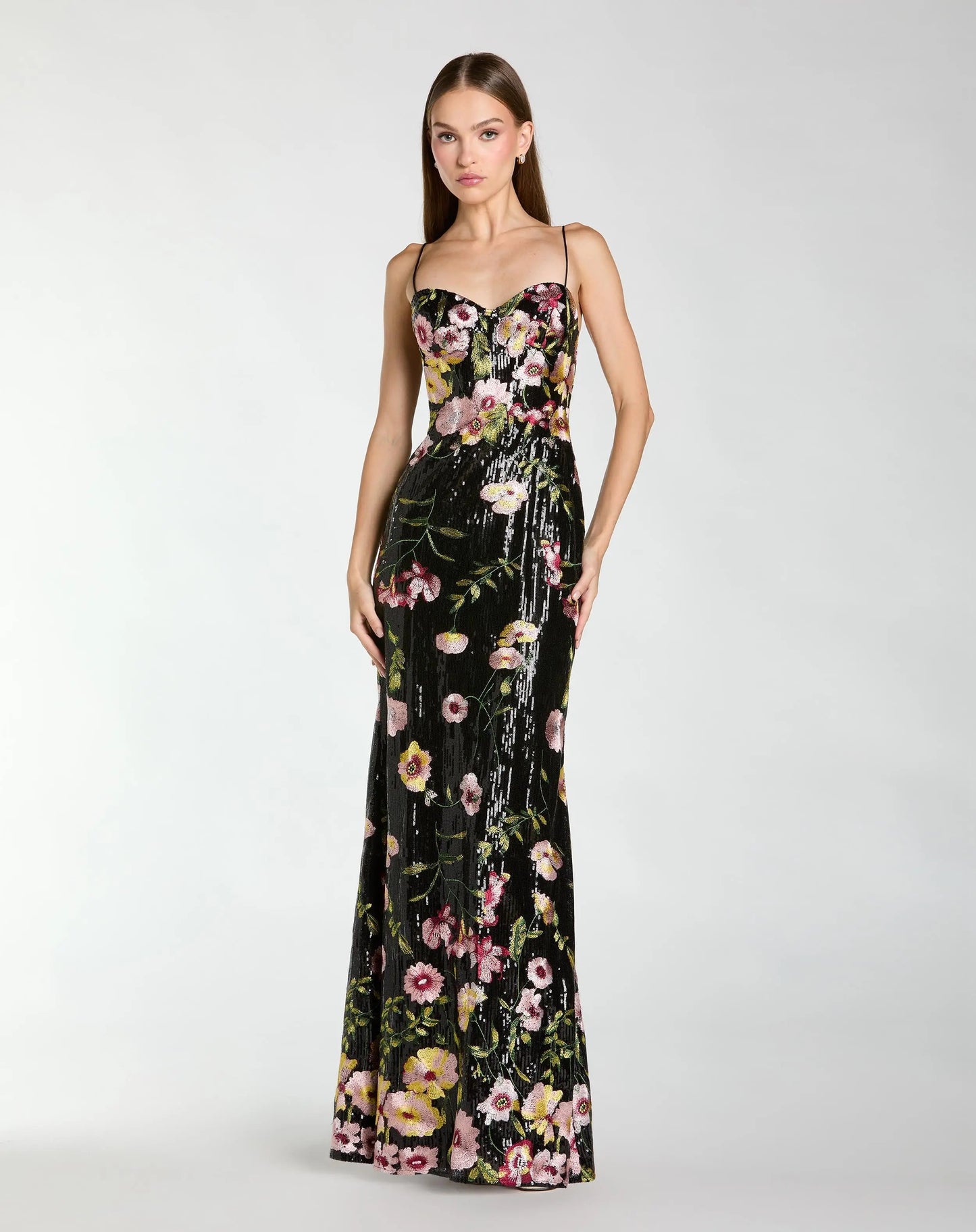 Black Sleeveless Bustier Floral Applique Gown