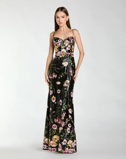 Black Sleeveless Bustier Floral Applique Gown