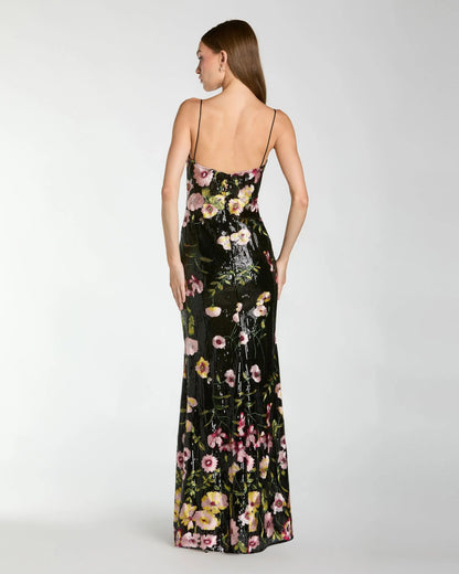 Black Sleeveless Bustier Floral Applique Gown