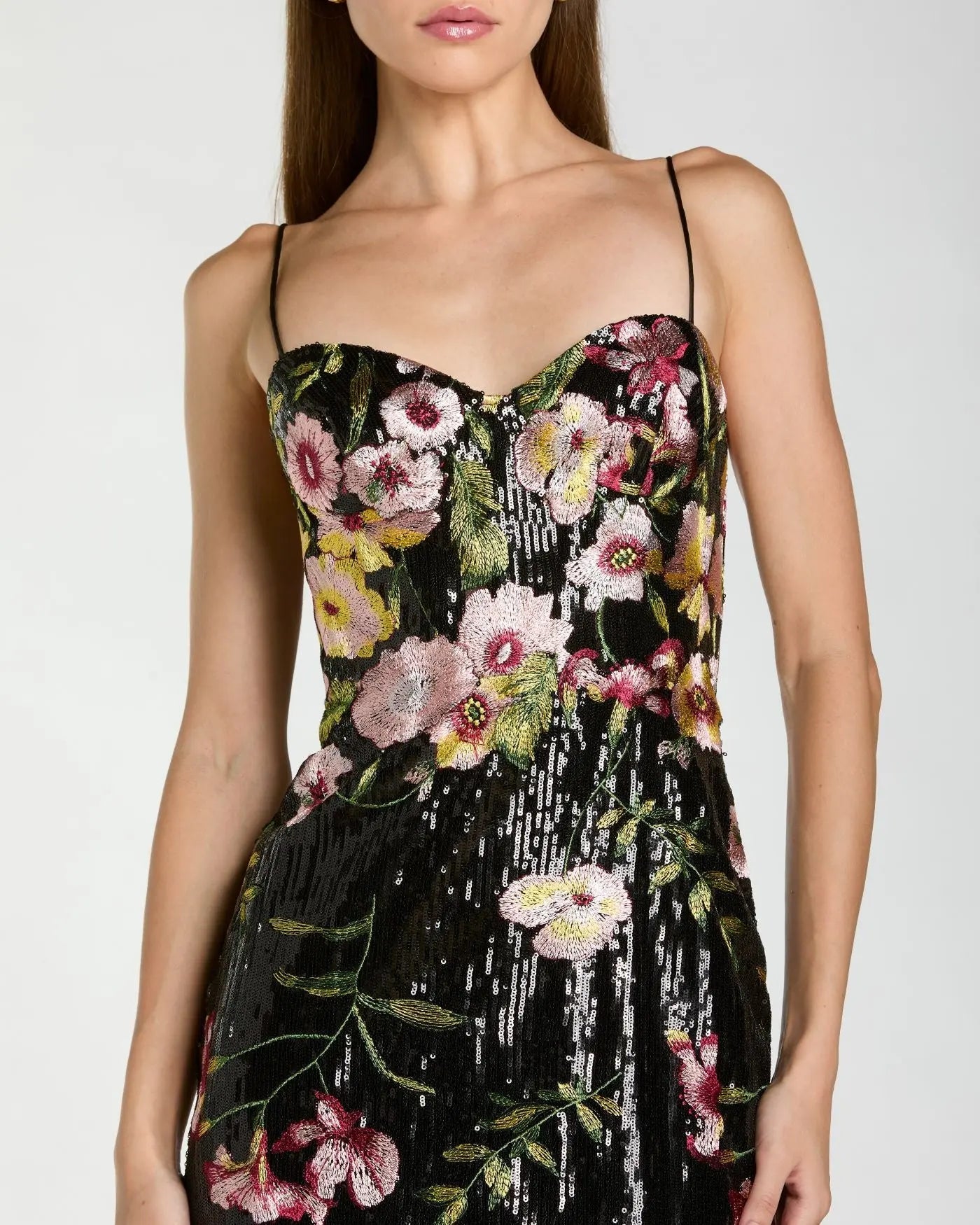 Black Sleeveless Bustier Floral Applique Gown