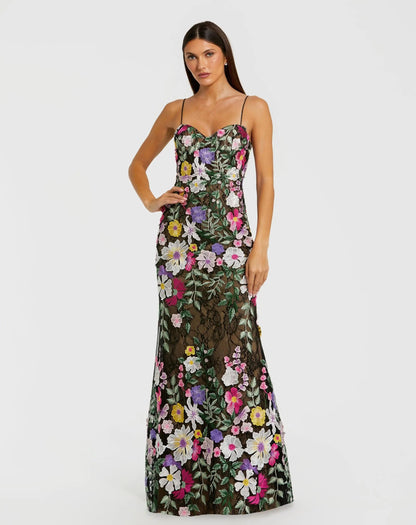 Black Floral Embroidered Sleeveless Bustier Gown