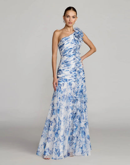 Blue Ruched Floral Chiffon Gown With 3D Ruffles