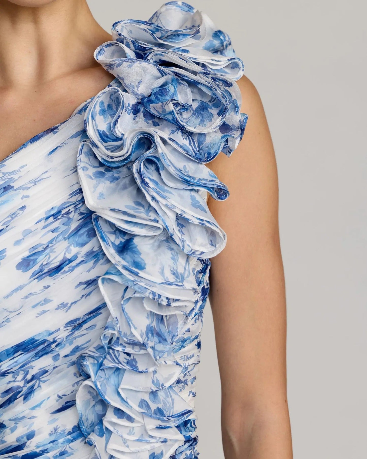 Blue Ruched Floral Chiffon Gown With 3D Ruffles