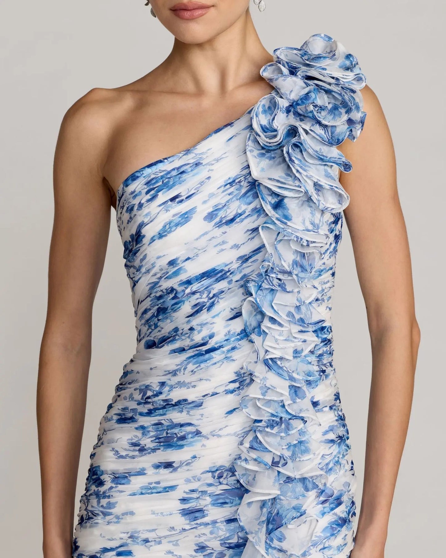 Blue Ruched Floral Chiffon Gown With 3D Ruffles