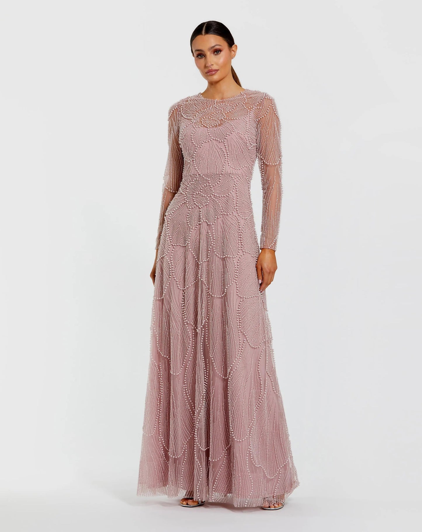 Beaded High Neck Long Sleeve A Line Gown
