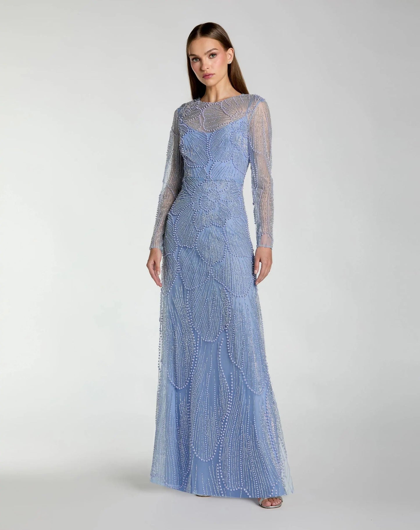 Beaded High Neck Long Sleeve A Line Gown