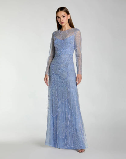 Beaded High Neck Long Sleeve A Line Gown
