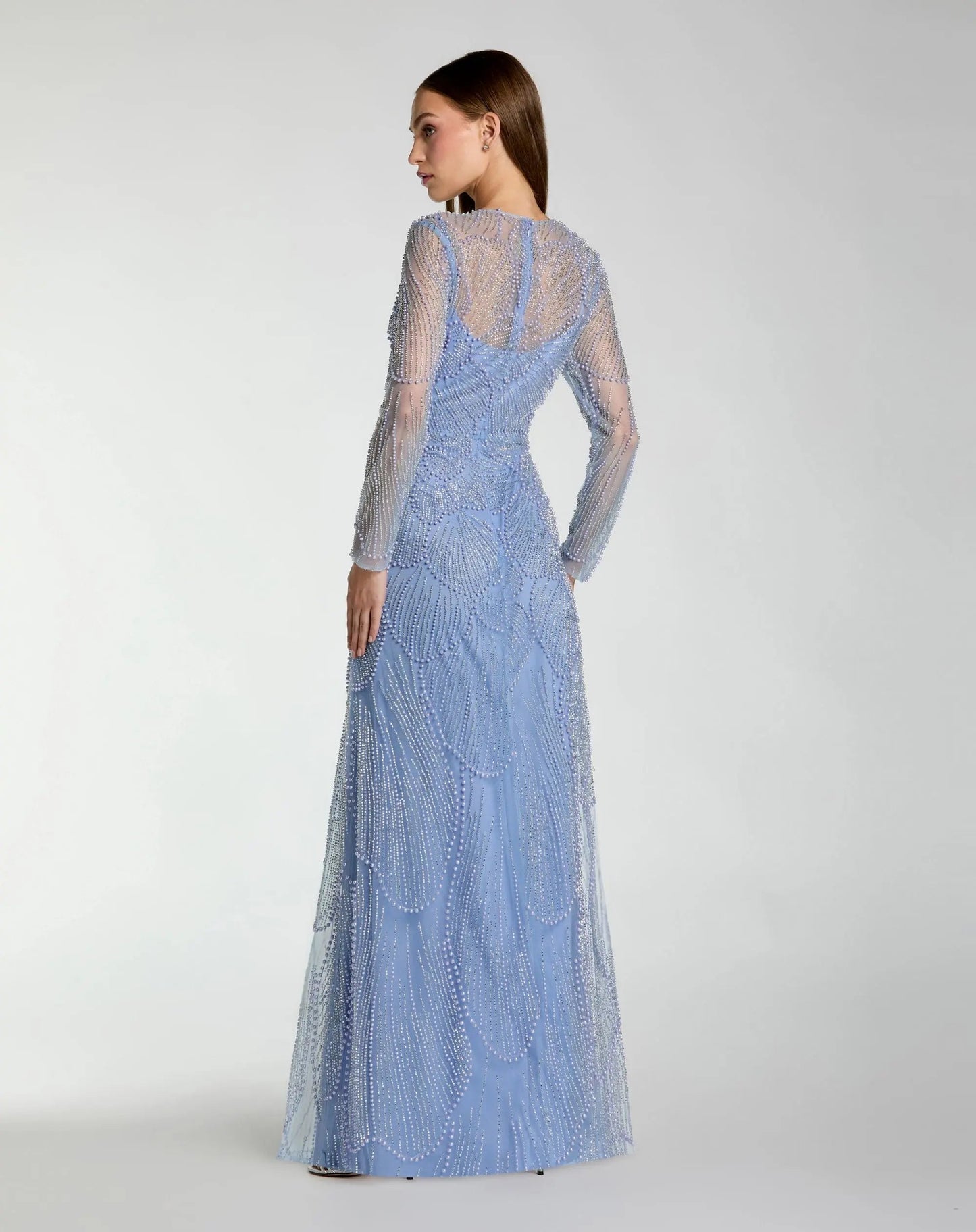 Blue Beaded High Neck Long Sleeve A Line Gown