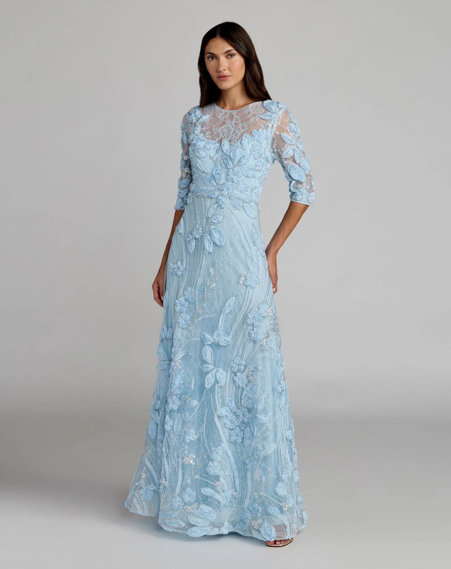 High Neck Embellished Lace Gown with 3/4 Sleeves