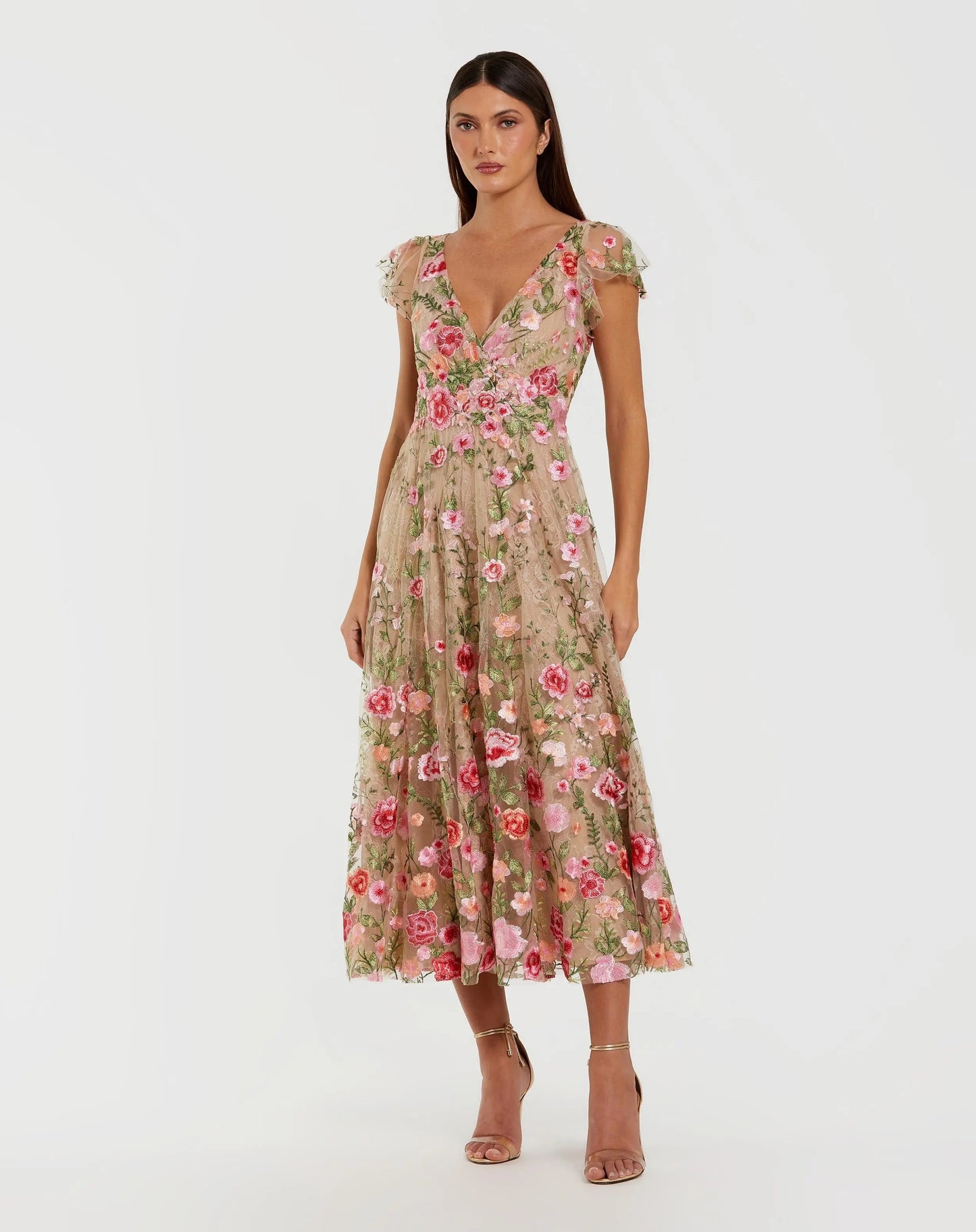 Beige Floral Embroidered Flutter Sleeve Midi Dress
