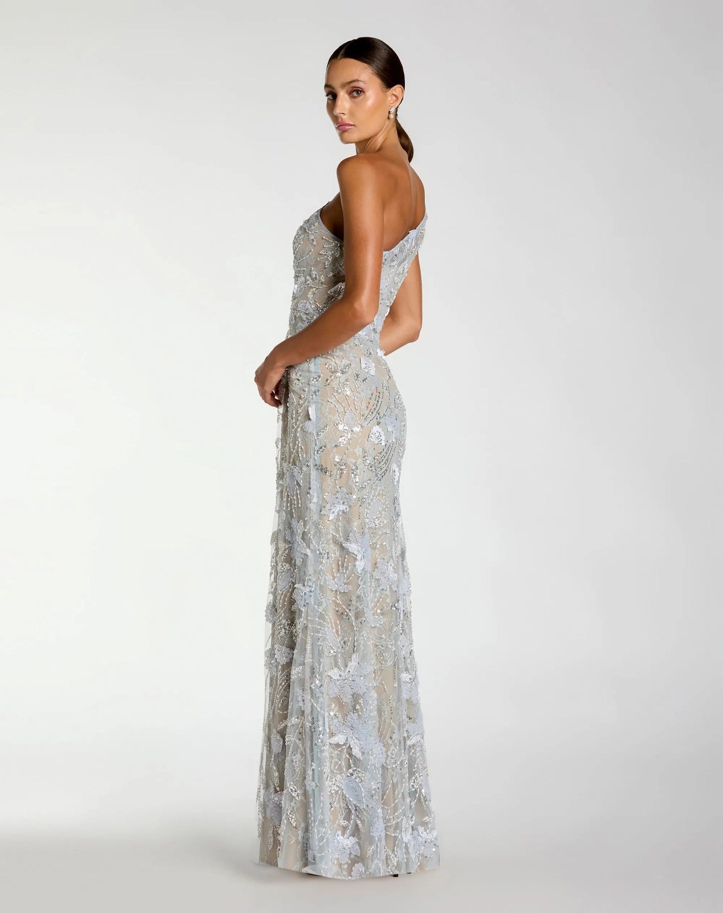 Blue Sleeveless One Shoulder Embellished Lace Gown