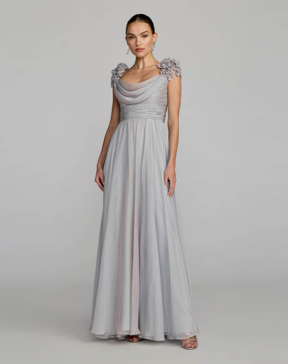 Gray Chiffon Cowl Neck Embellished Cap Sleeve Gown