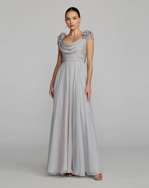 Gray Chiffon Cowl Neck Embellished Cap Sleeve Gown