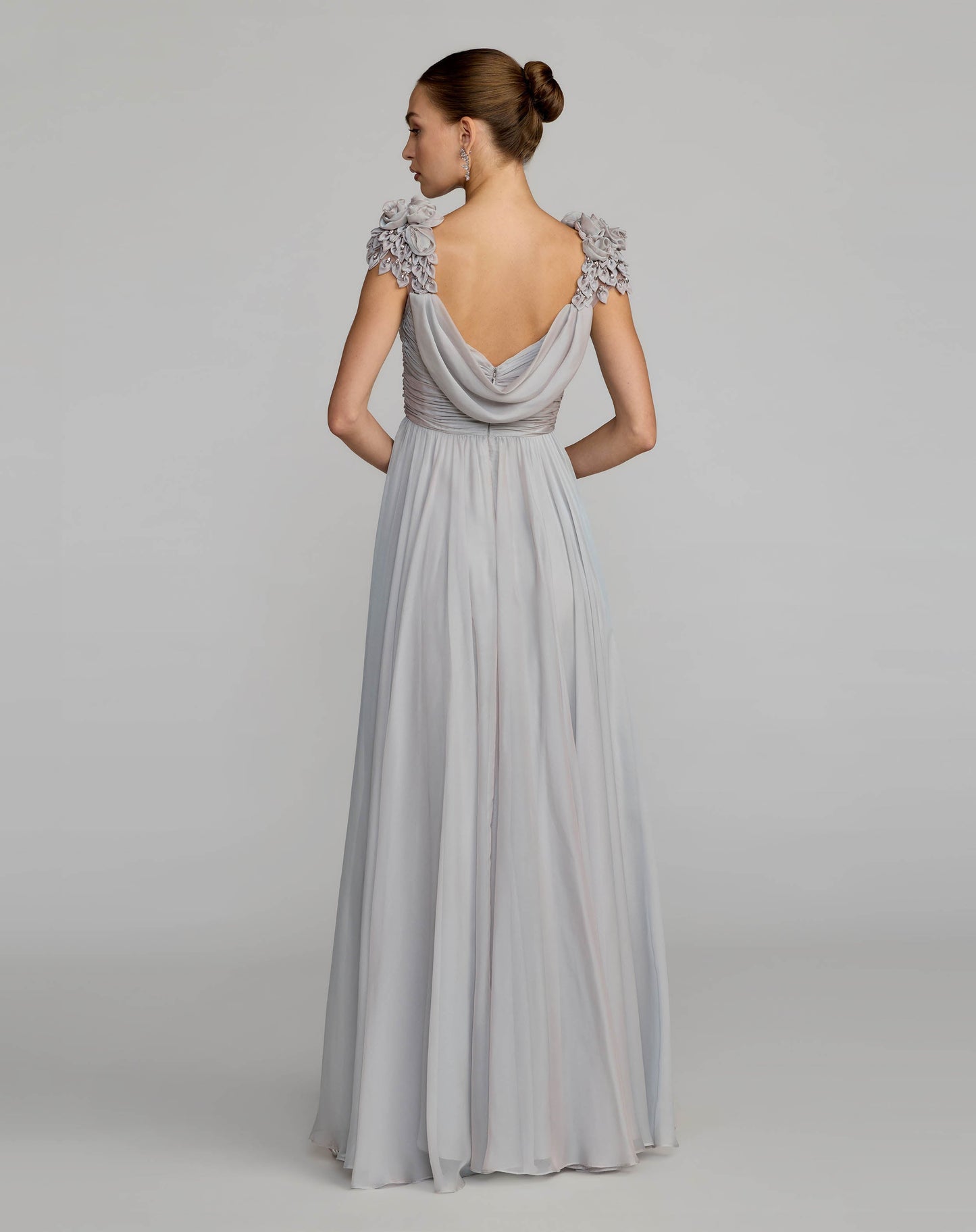 Gray Chiffon Cowl Neck Embellished Cap Sleeve Gown
