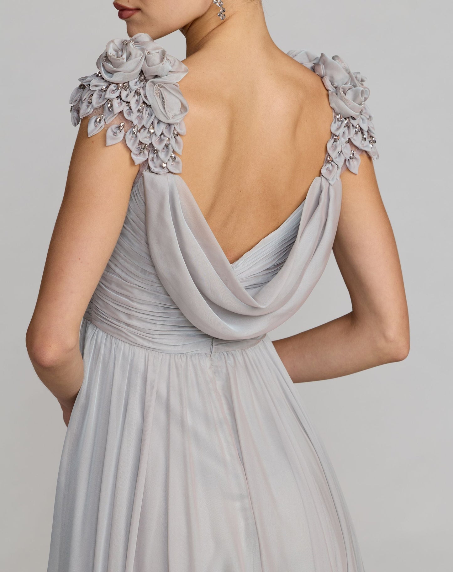 Gray Chiffon Cowl Neck Embellished Cap Sleeve Gown