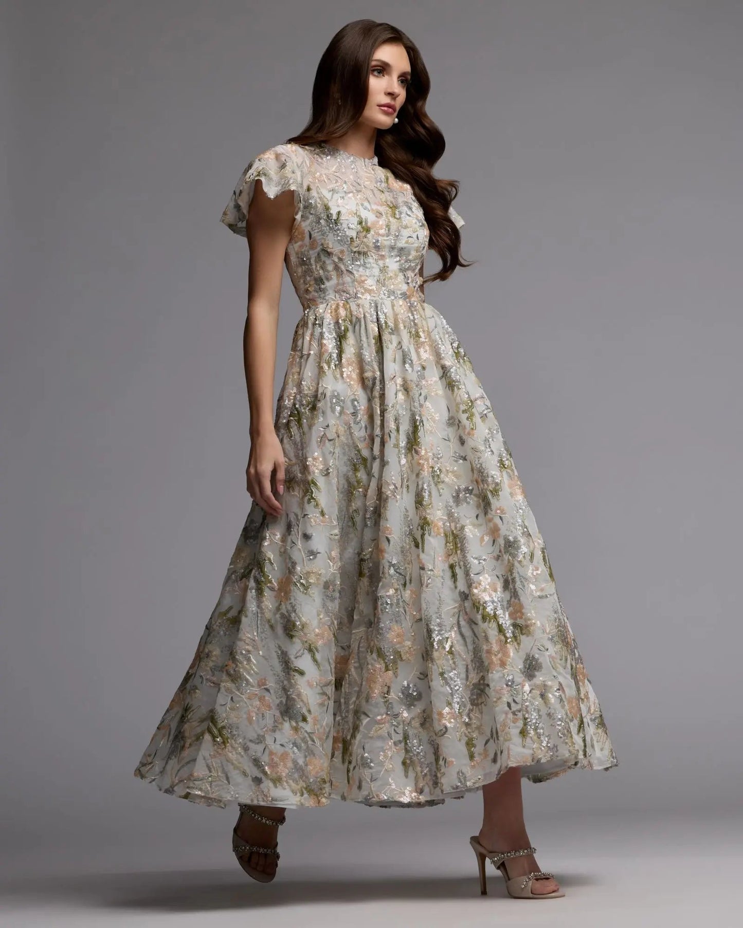 Ivory Flutter Sleeve Sequin A-Line Midi Dress