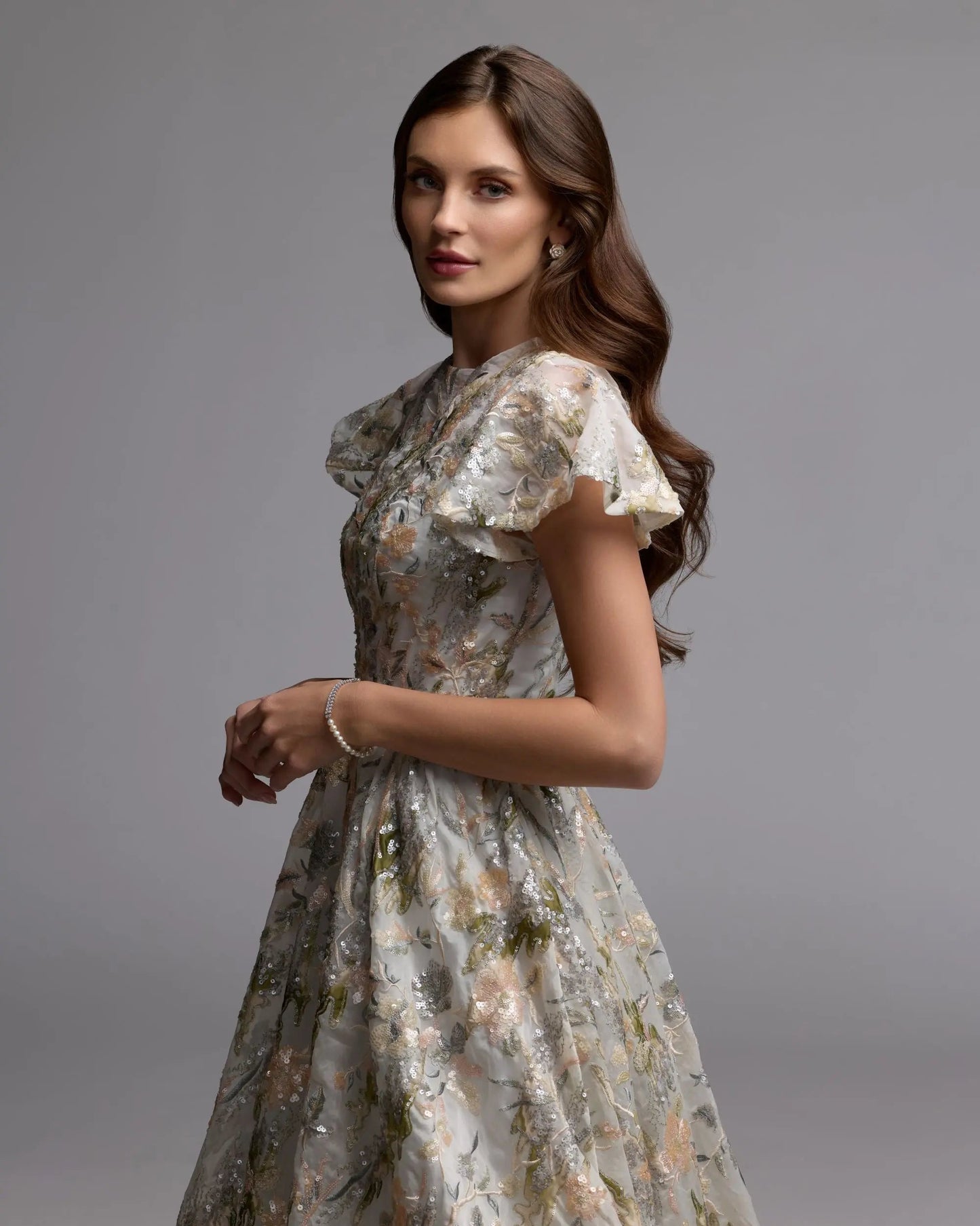 Ivory Flutter Sleeve Sequin A-Line Midi Dress