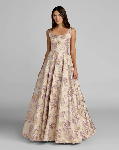 Beige Sleeveless Square Neck Brocade Ball Gown