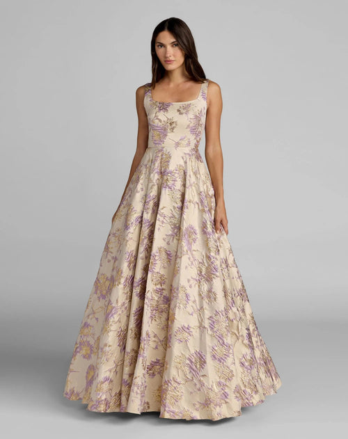Beige Sleeveless Square Neck Brocade Ball Gown