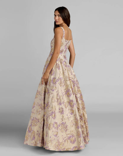 Beige Sleeveless Square Neck Brocade Ball Gown